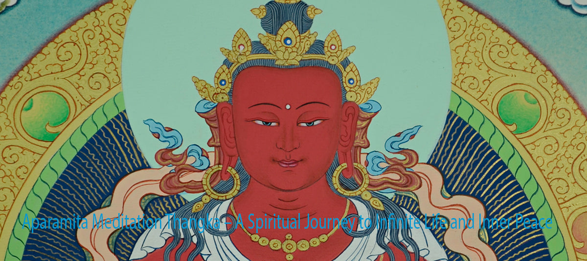 Aparamita Meditation Thangka depicting the Buddha of Infinite Life seated on a lotus throne, symbolizing longevity and inner peace.