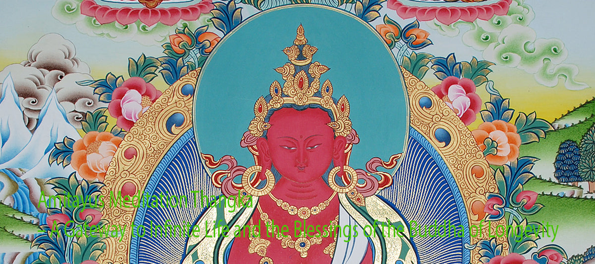Amitayus Meditation Thangka depicting the Buddha of Infinite Life seated in serene meditation, holding a vase of immortality — a traditional Tibetan Buddhist artwork symbolizing longevity, healing, and inner peace.