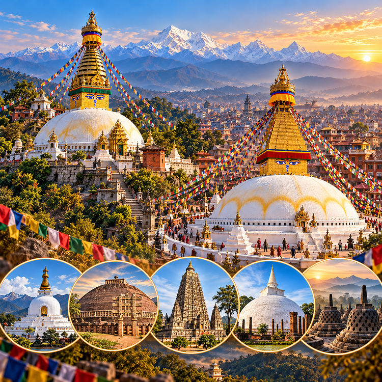 Swayambhunath and Boudhanath stupas in Kathmandu, Nepal