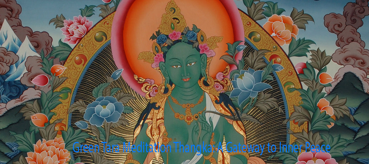 Green Tara Meditation Thangka depicting the compassionate goddess seated on a lotus throne, symbolizing enlightened action and inner peace in Tibetan Buddhist art.