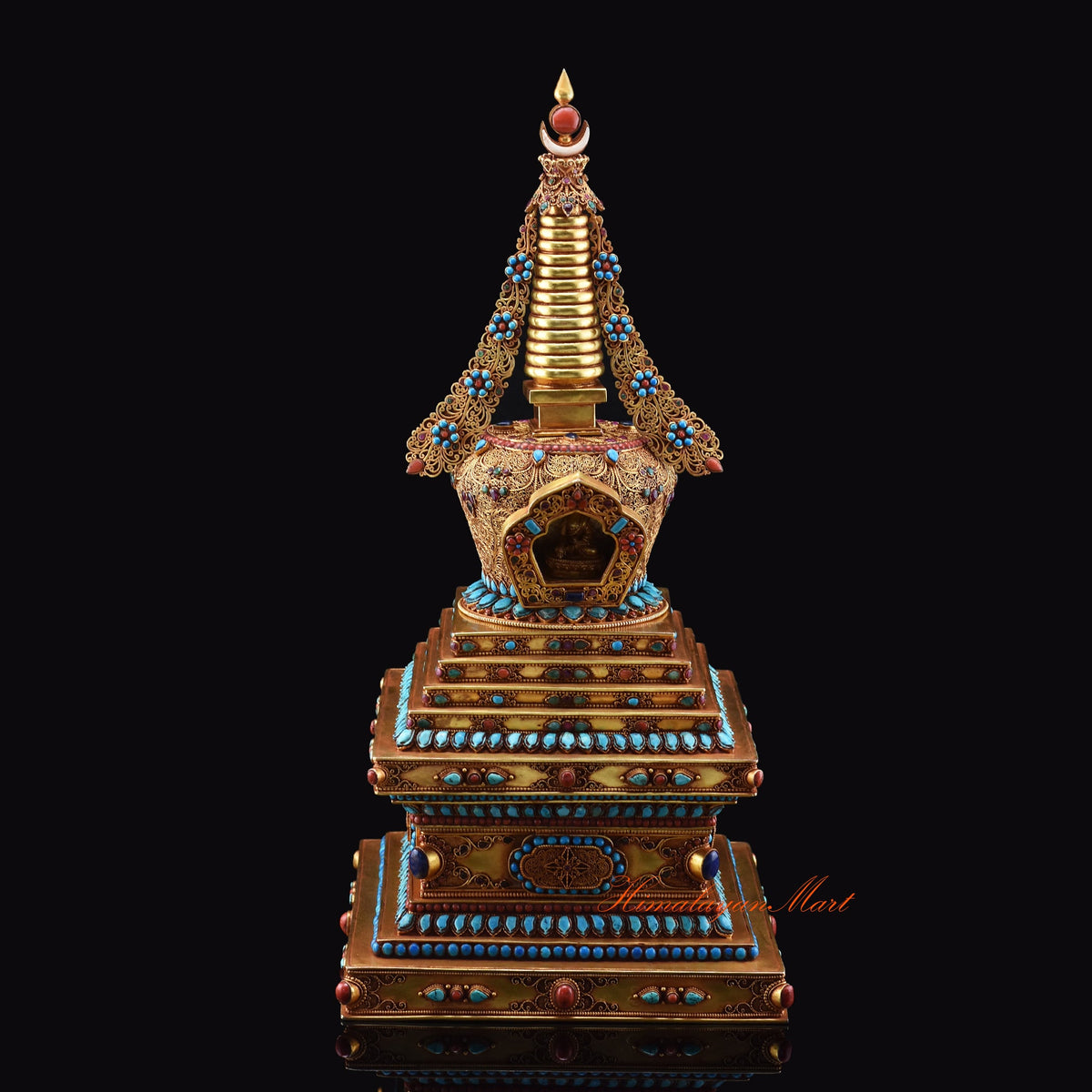 Handcrafted gilded copper stupa with stone inlay from Nepal