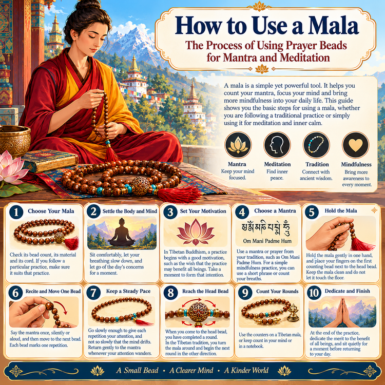 Hands holding a Tibetan Buddhist mala during mantra practice