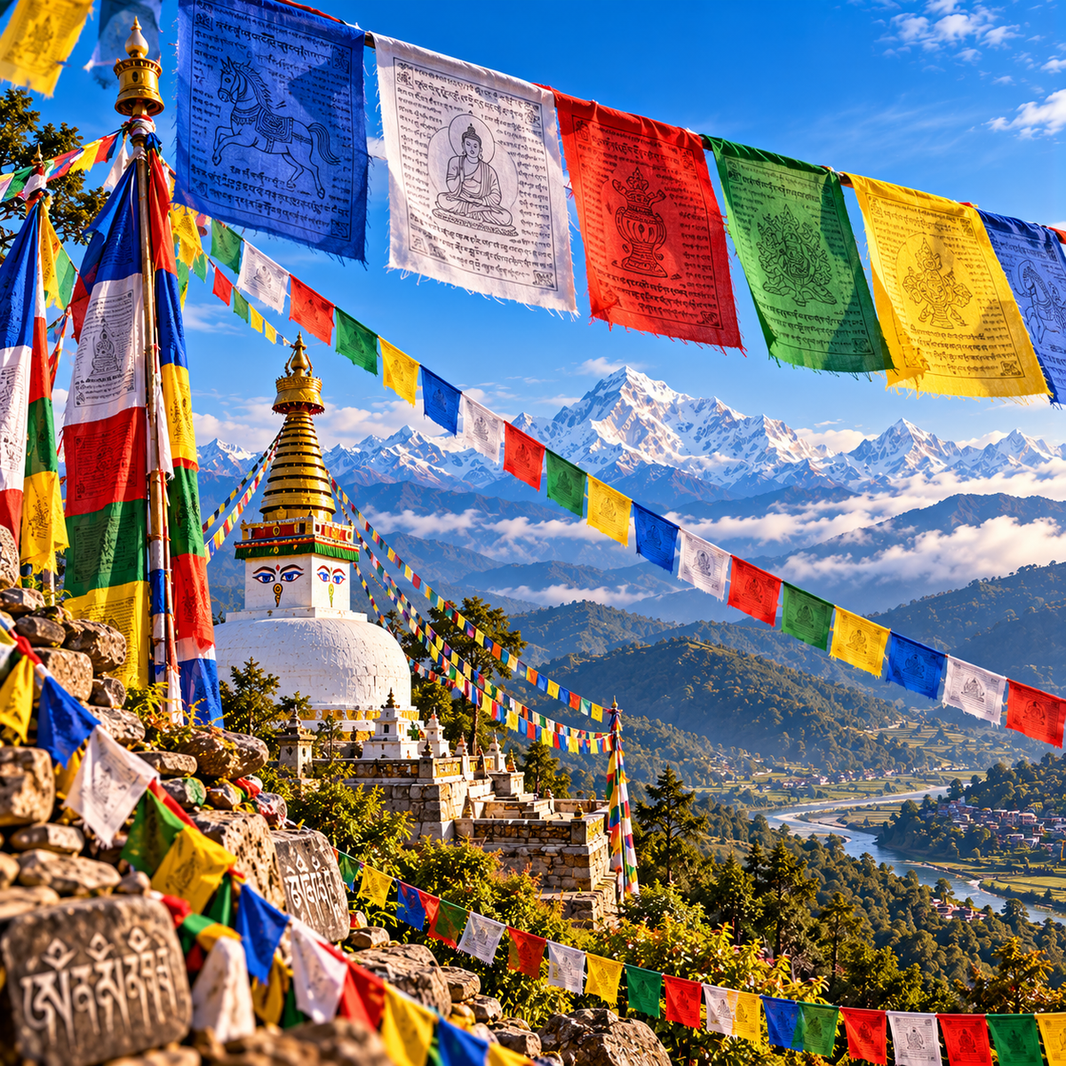 Colorful Tibetan prayer flags in the five colors fluttering in the Himalayan wind in Nepal