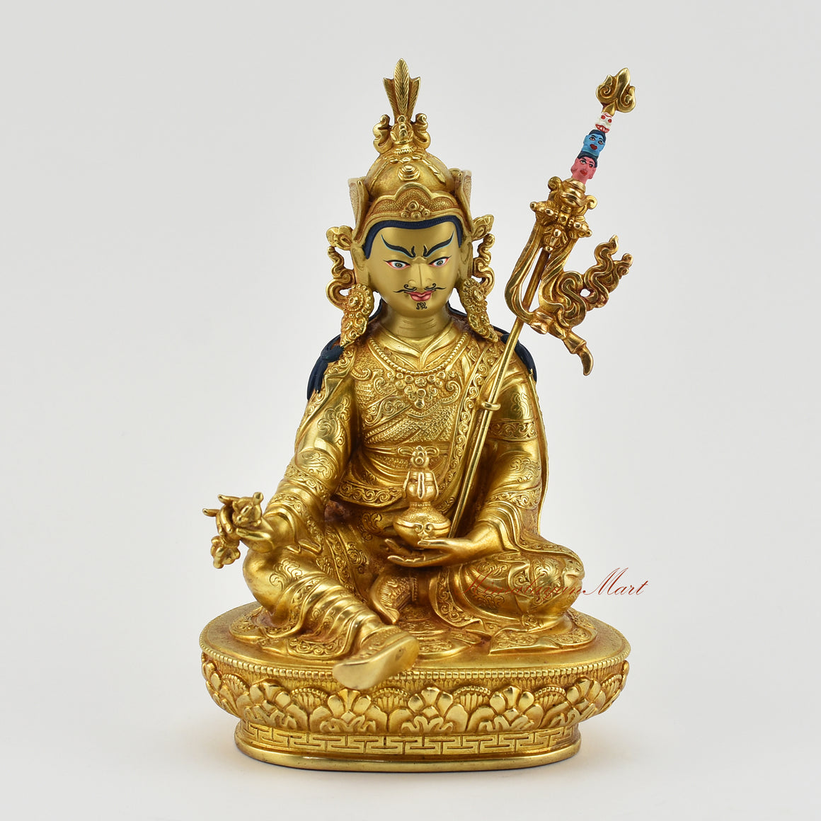 Gold Gilded Guru Padmasambhava Statue | Elegantly Handmade Copper Statue with Intricate Carvings