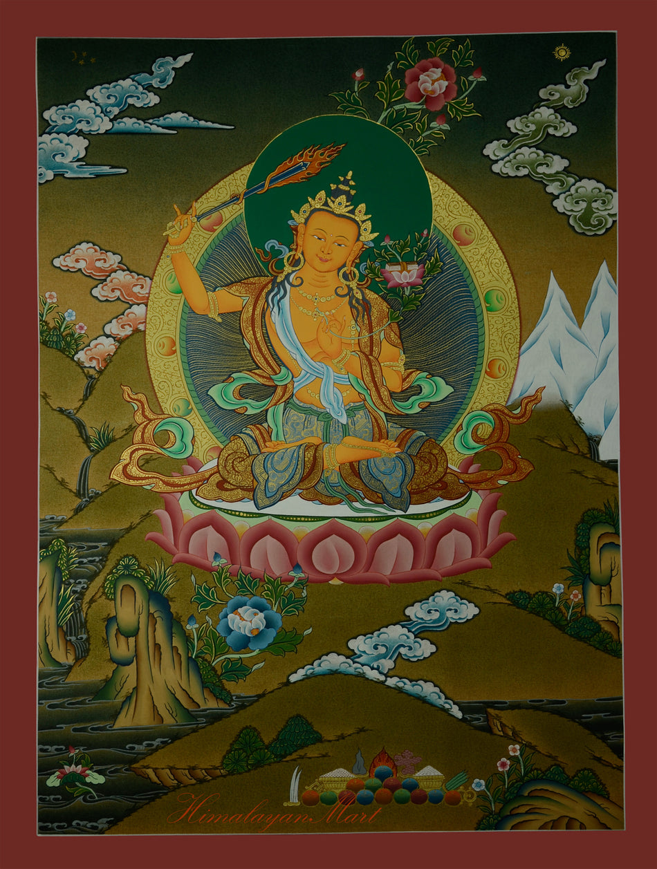 Manjushri Thangka Scroll Painting Gold Detailed Hand-Painted