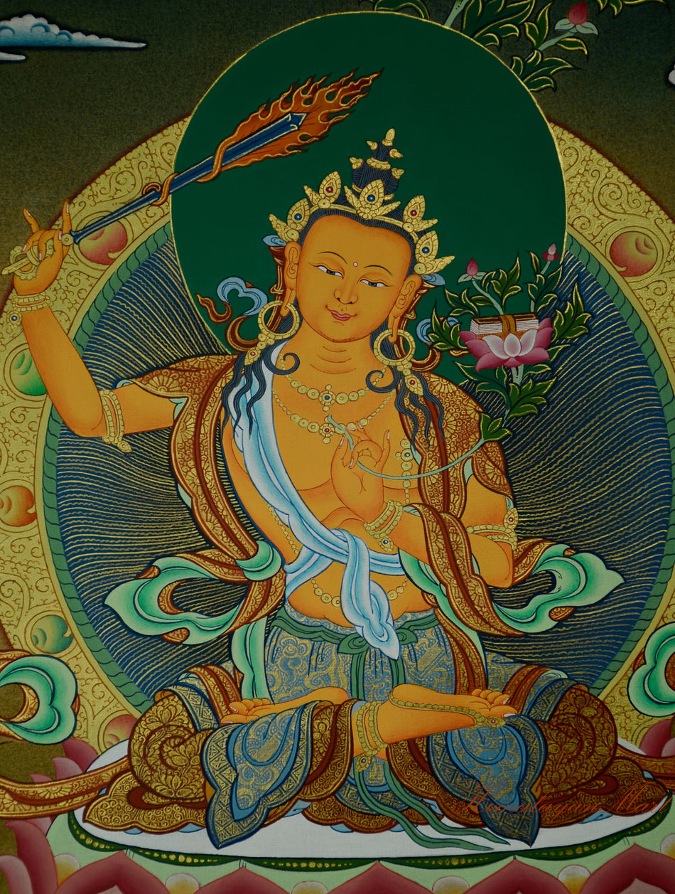 Manjushri Thangka Scroll Painting Gold Detailed Hand-Painted Detail