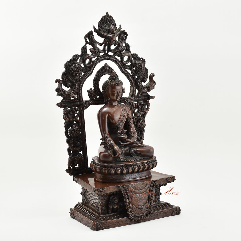 Medicine Buddha on Throne Statue Right Details