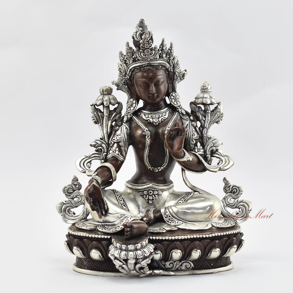 Silver Plated Green Tara Statue in Oxidation Finish