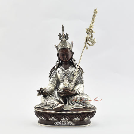 Silver Plated Padmasambhava Statue in Oxidation Finish 