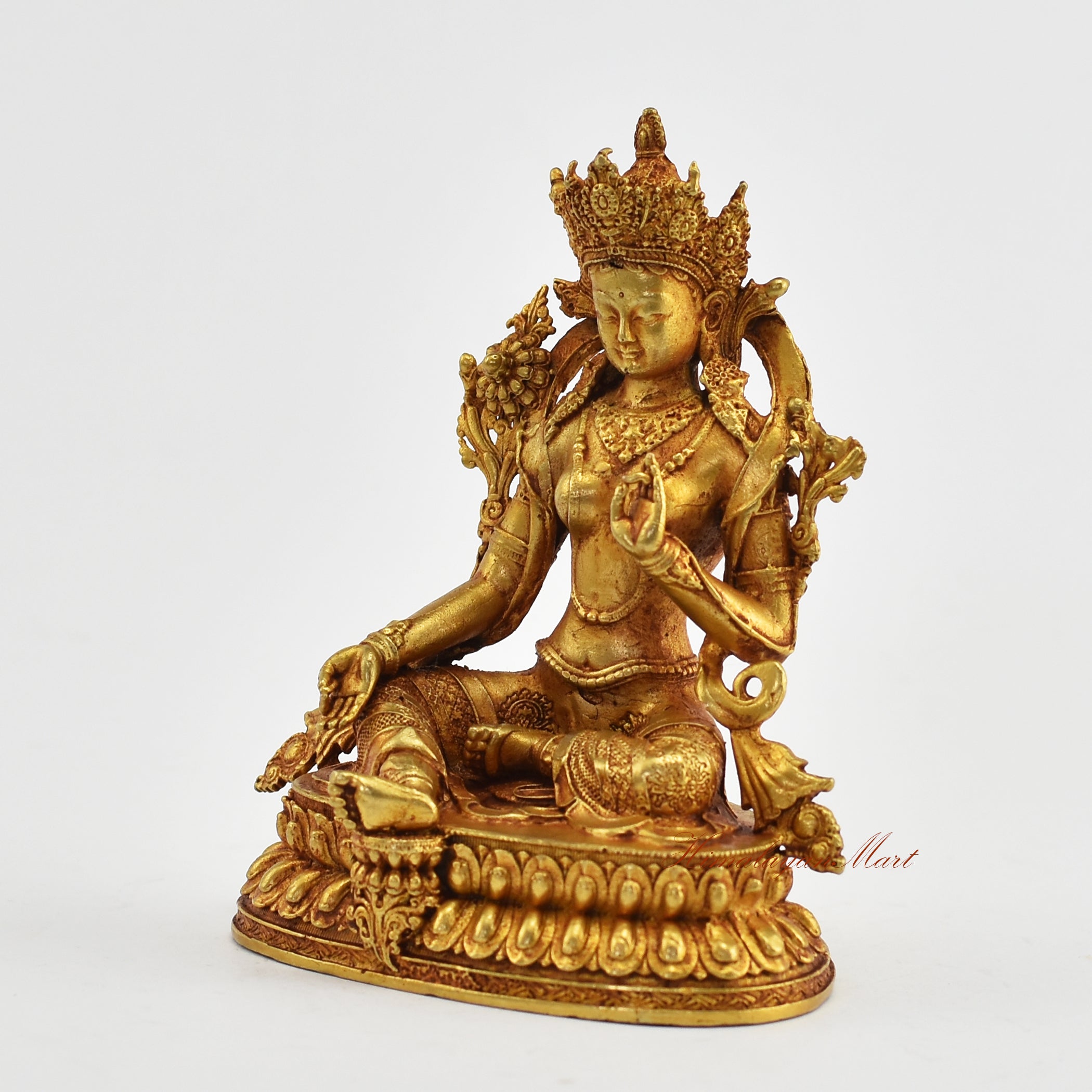 Small Gold-Plated Green Tara Statue Left Detail