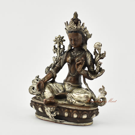 Small Green Tara Silver-Plated Statue Left Detail