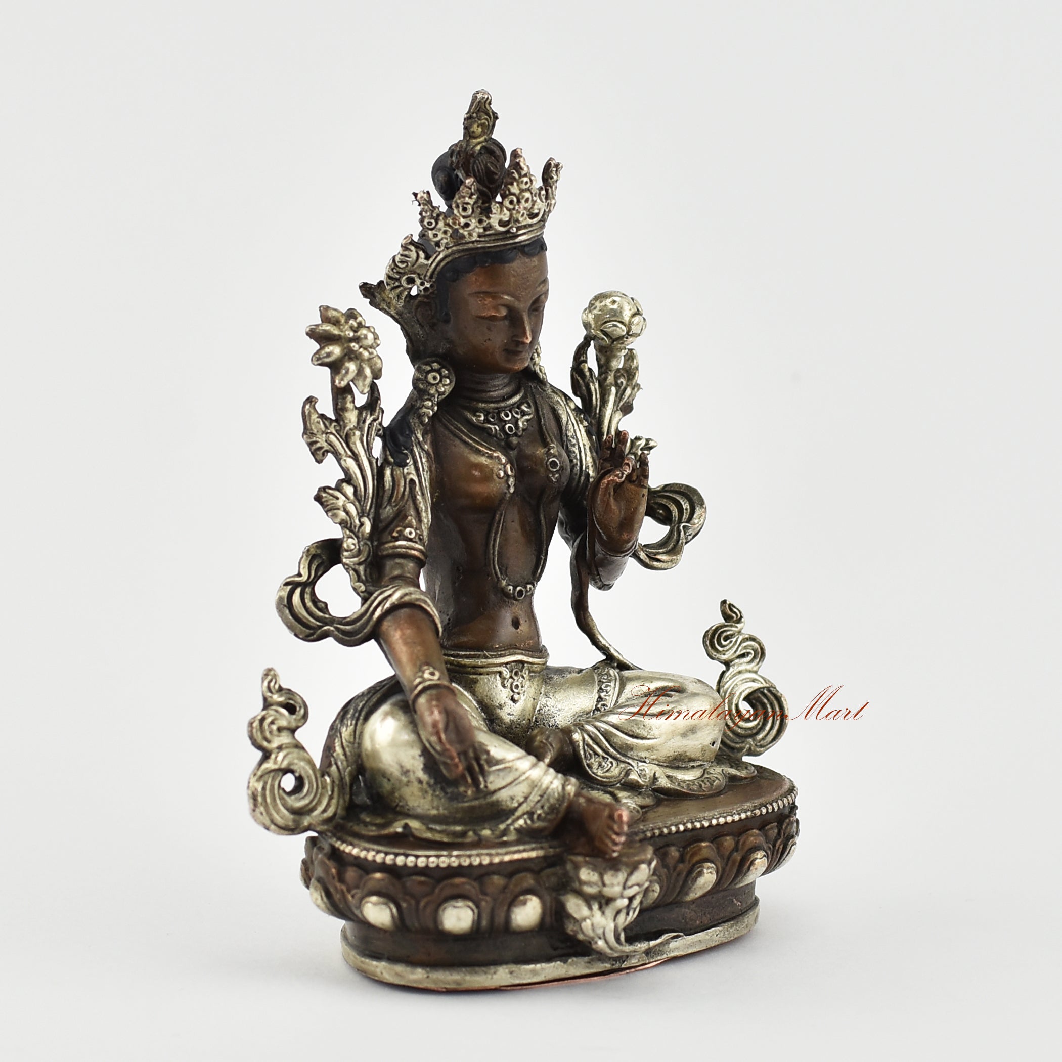 Small Green Tara Silver-Plated Statue Right Detail