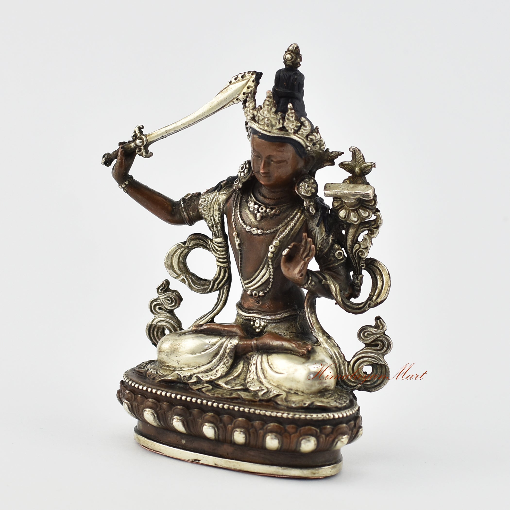 Small Manjushri Silver-Plated Statue Left Detail