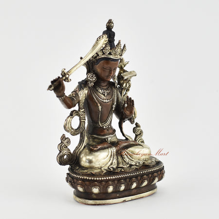 Small Manjushri Silver-Plated Statue Right Detail