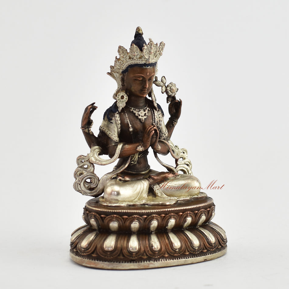 Small Silver-Plated Chenrezig Statue Right Detail