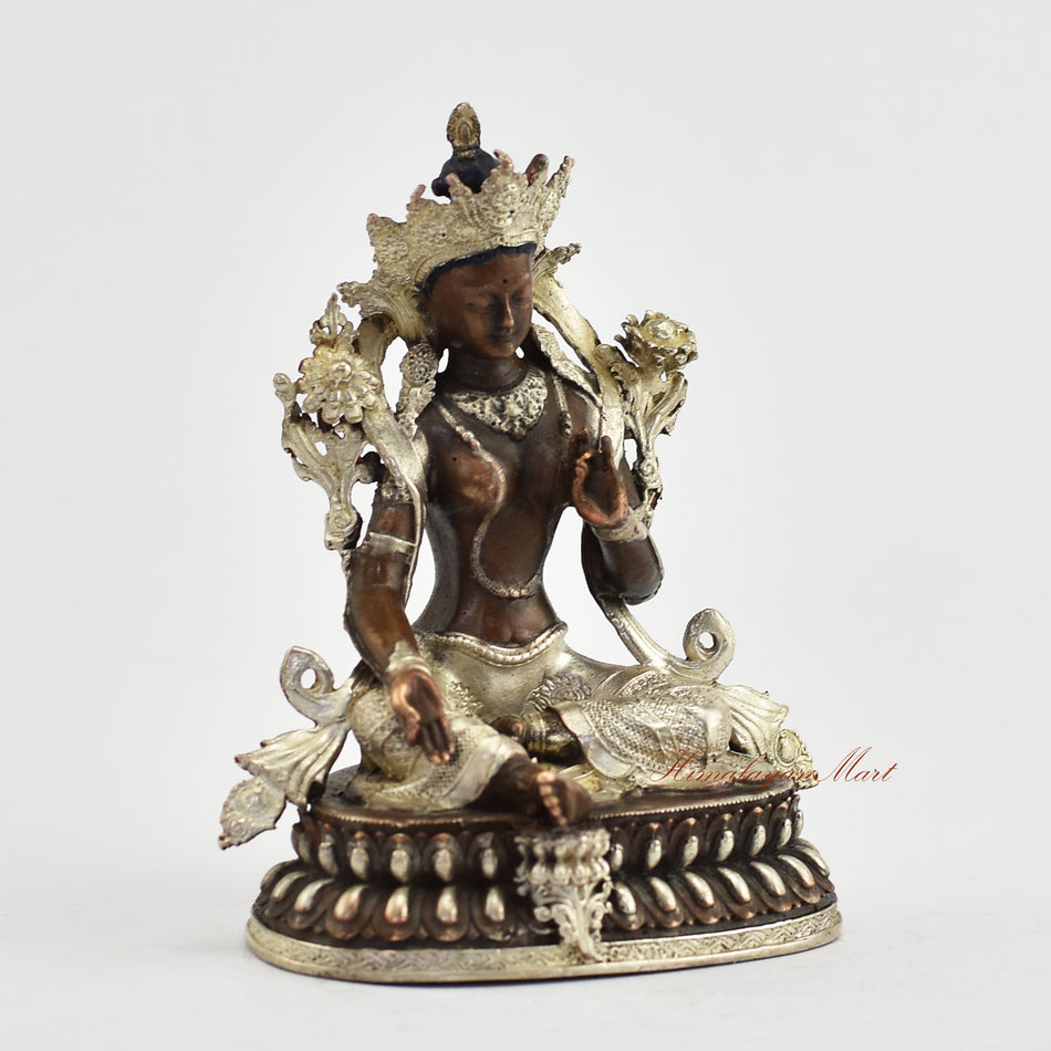 Small Silver-Plated Green Tara Statue Right Detail