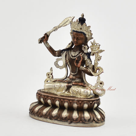 Small Silver-Plated Manjushri Statue Left Detail