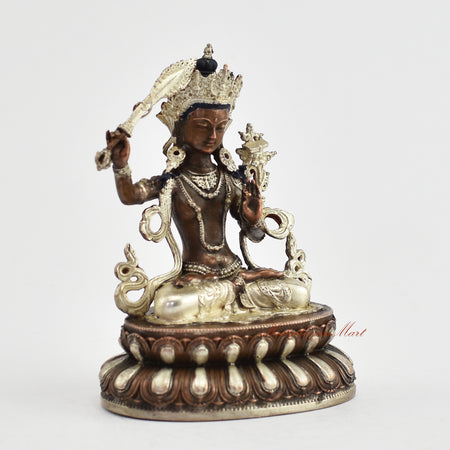 Small Silver-Plated Manjushri Statue Right Detail