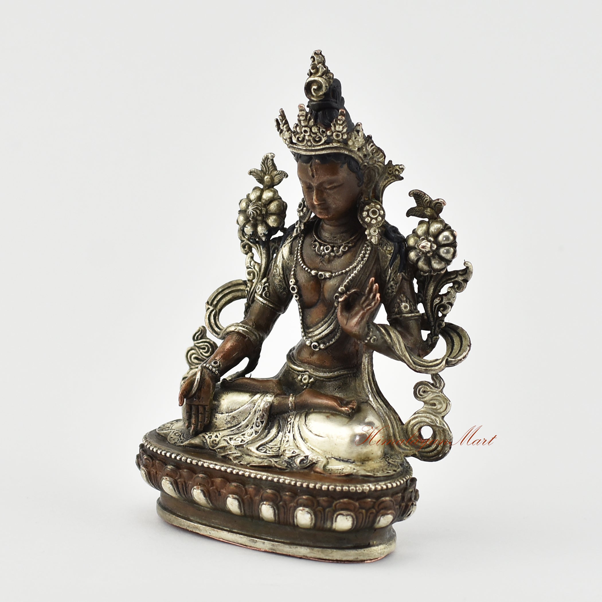 Small White Tara Silver-Plated Statue Left Detail