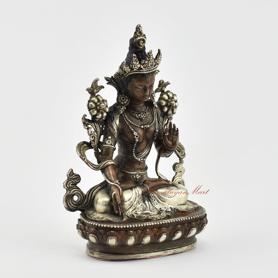 Small White Tara Silver-Plated Statue Right Detail