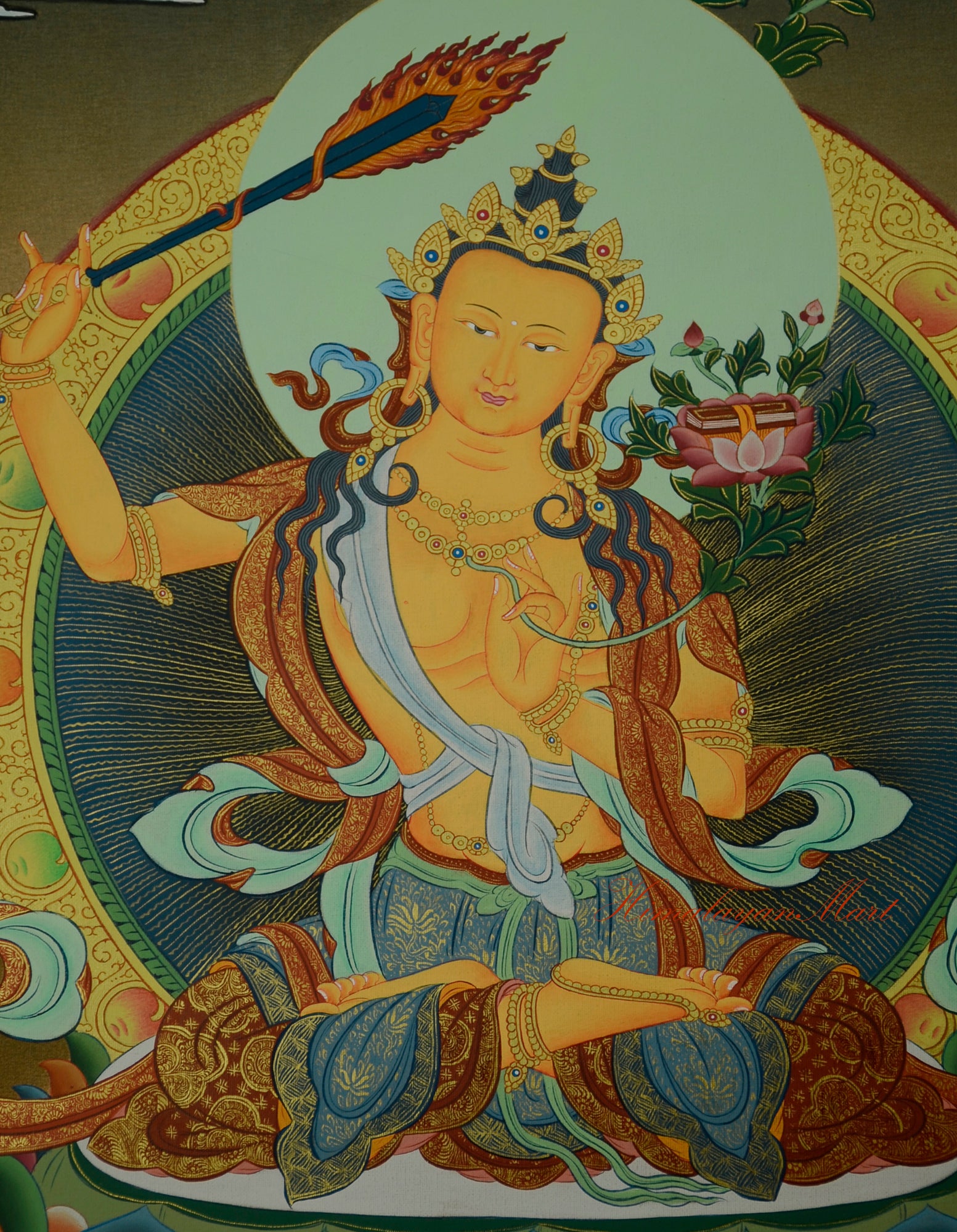 Tibetan Art Painting for Meditation Manjushri Thangka Hand-Painted Detail