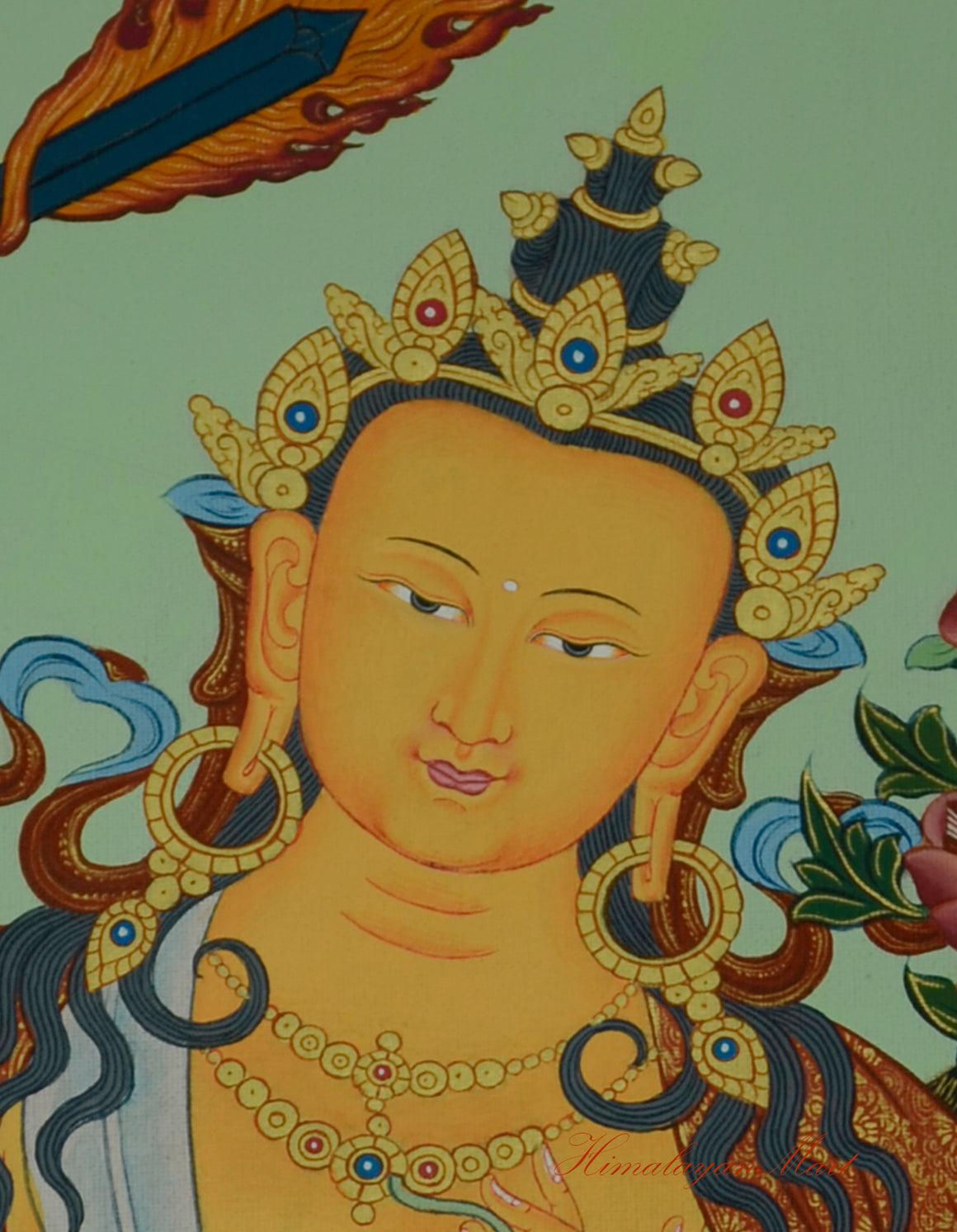 Tibetan Art Painting for Meditation Manjushri Thangka Hand-Painted Face Detail