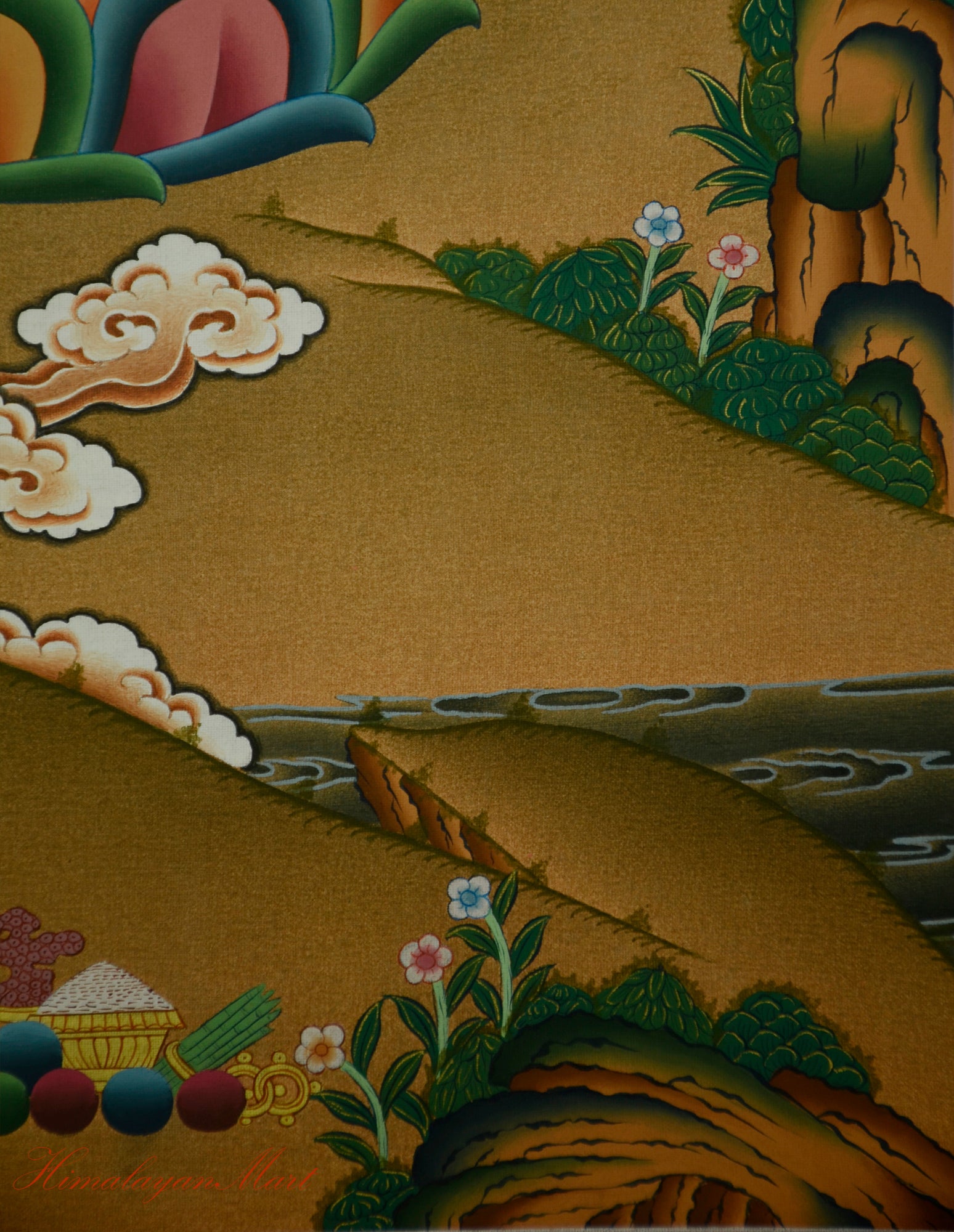 Tibetan Art Painting for Meditation Manjushri Thangka Hand-Painted Right Lower Detail