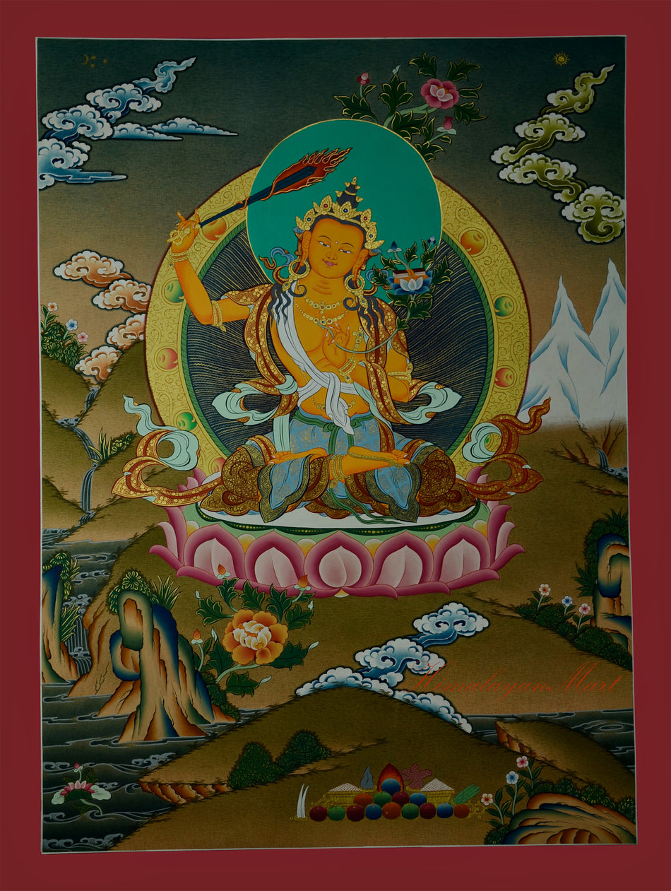Tibetan Manjushri Thangka Hand-Painted Gold Detailed