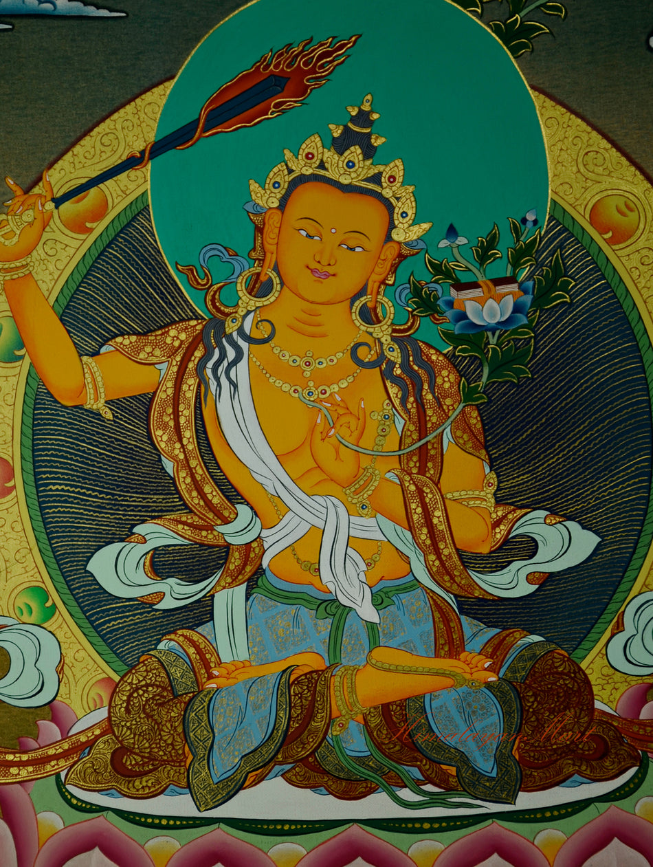 Tibetan Manjushri Thangka Hand-Painted Gold Detailed Detail
