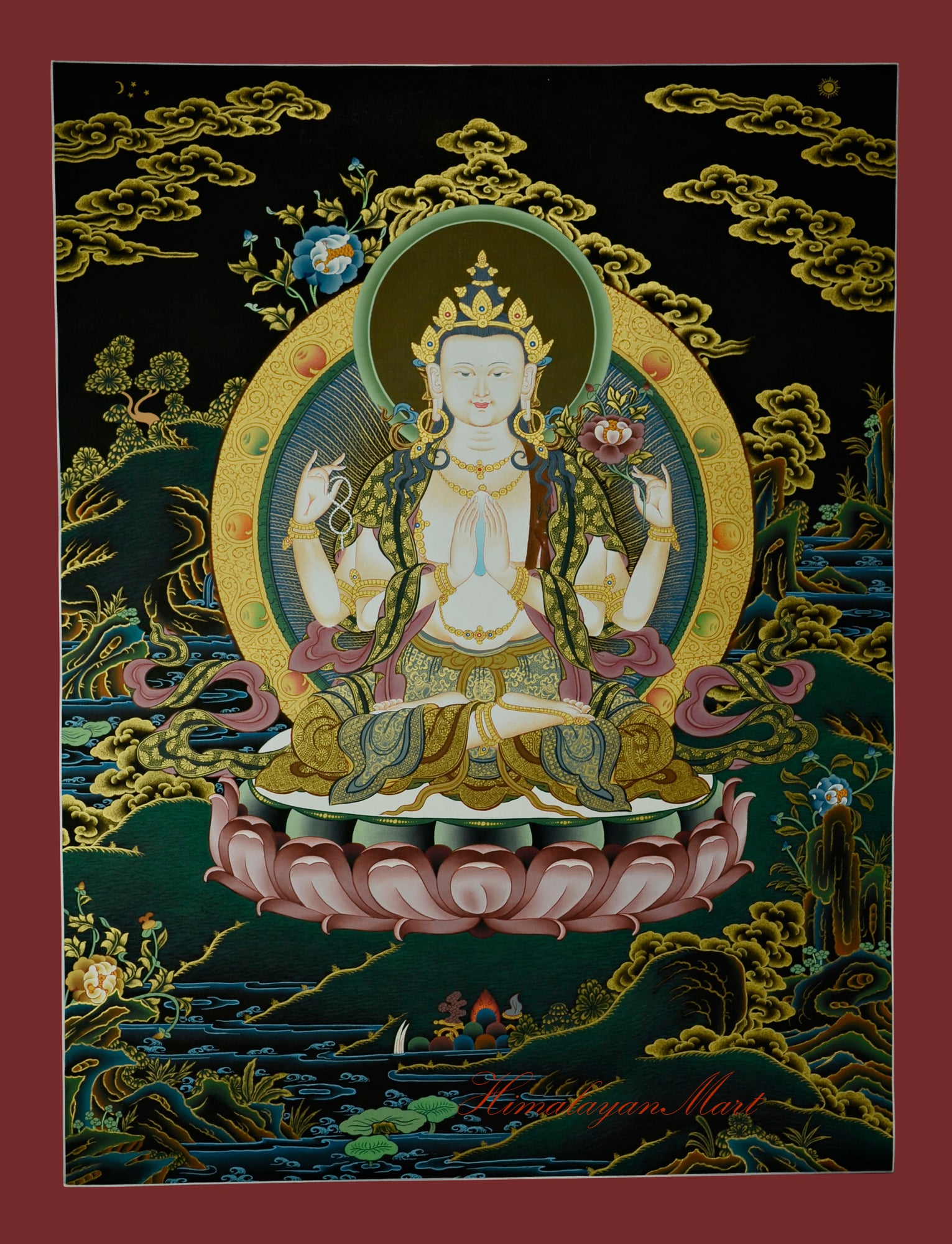 Tibetan Religious Painting - Chenrezig Hand-Painted Detailed with Gold