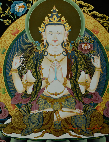 Tibetan Religious Painting - Chenrezig Hand-Painted Detailed with Gold Detail