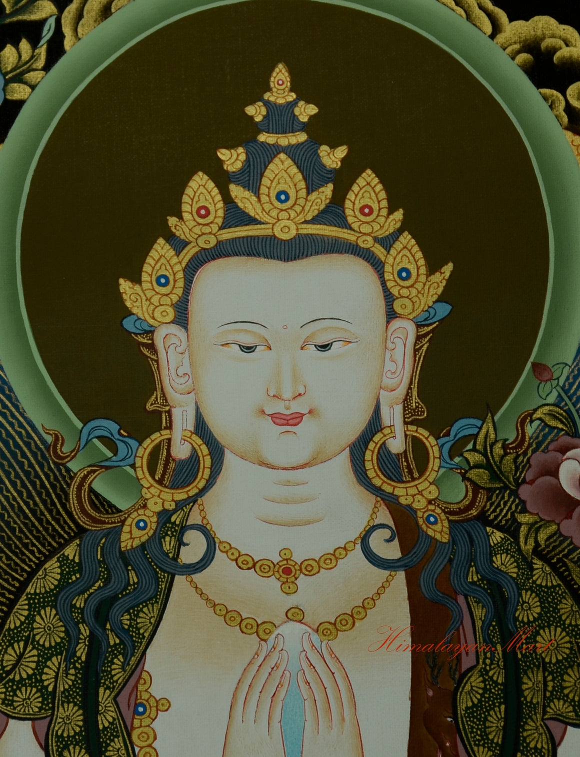 Tibetan Religious Painting - Chenrezig Hand-Painted Detailed with Gold Face Detail