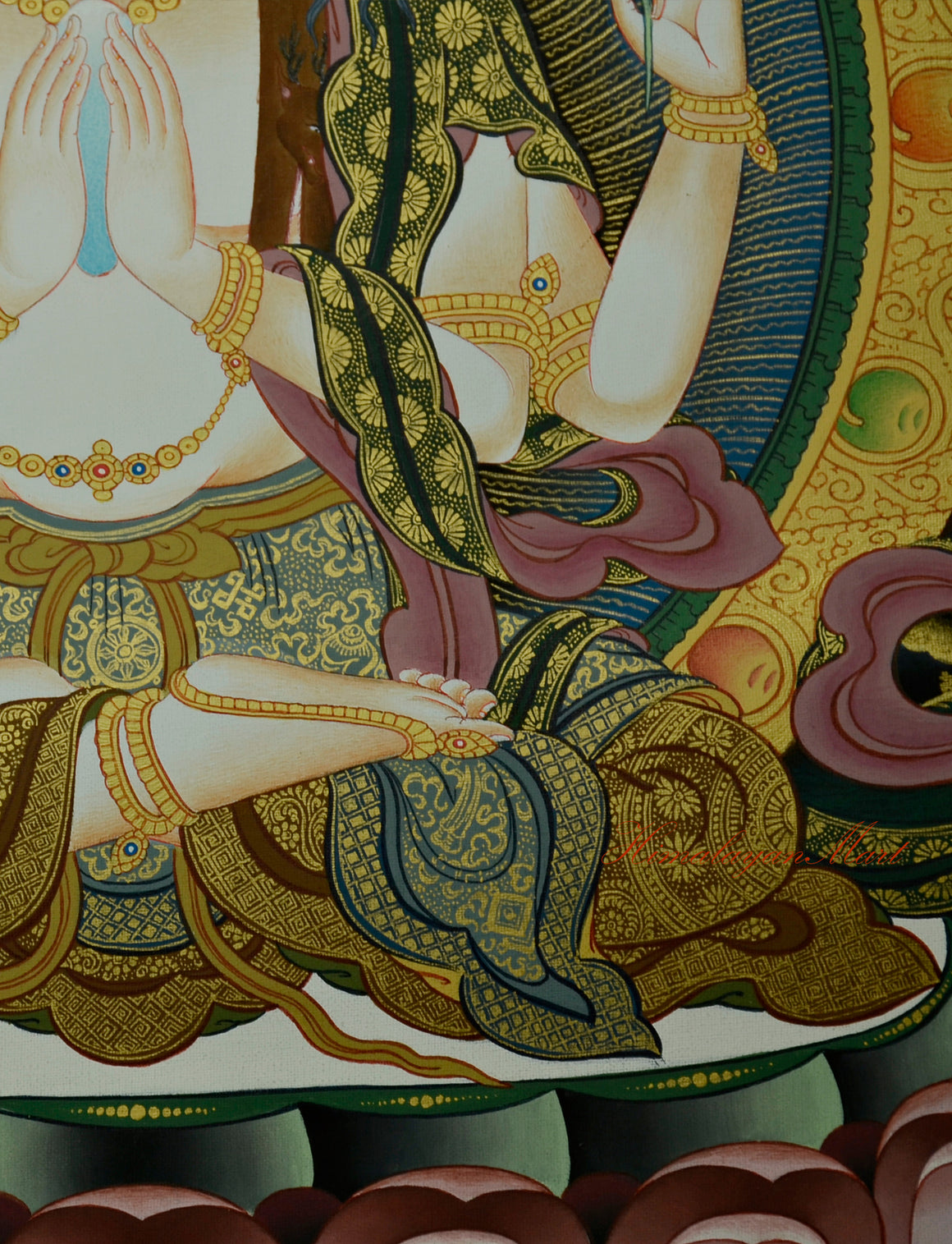 Tibetan Religious Painting - Chenrezig Hand-Painted Detailed with Gold Right Detail