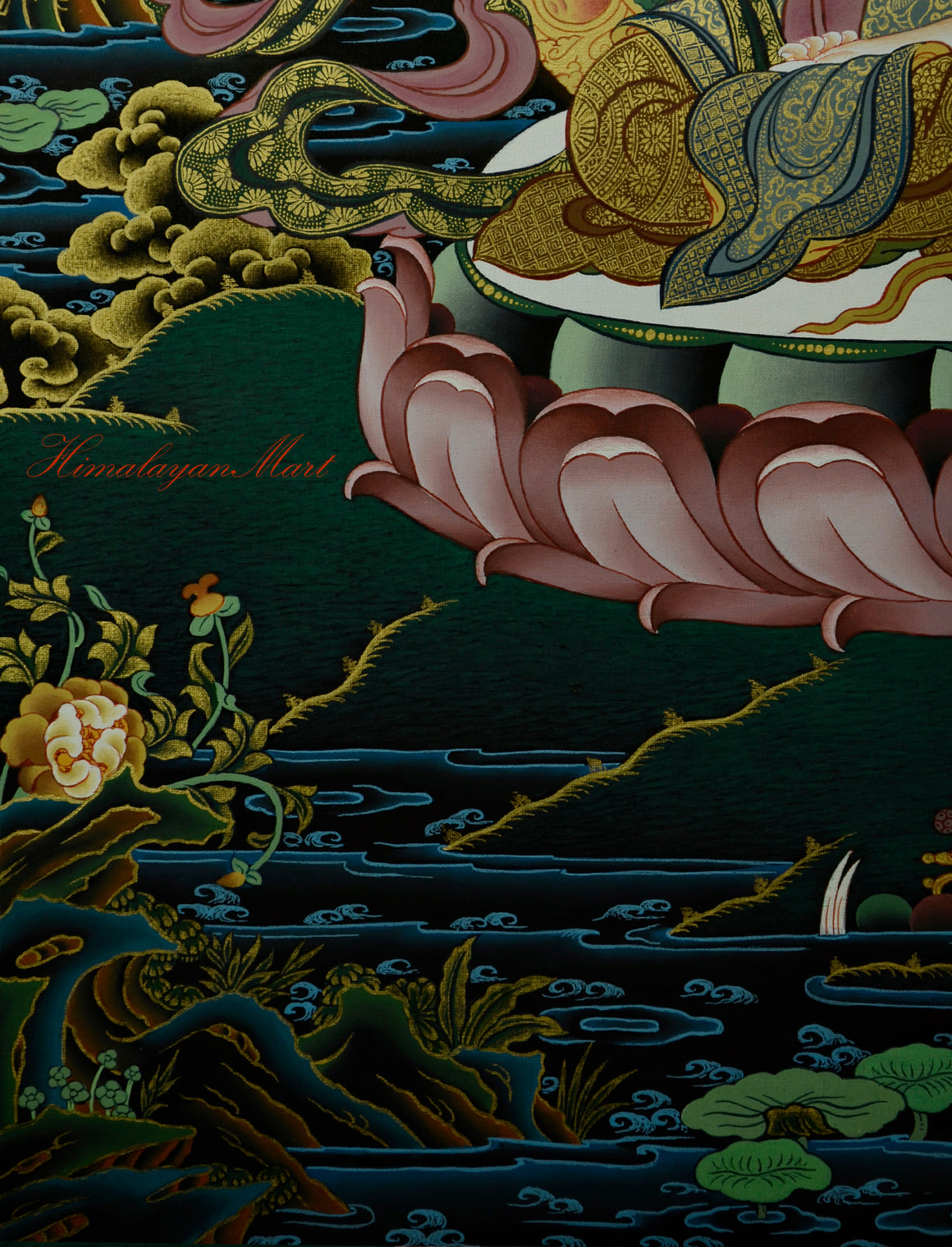 Tibetan Religious Painting - Chenrezig Hand-Painted Detailed with Gold Left Lower Detail