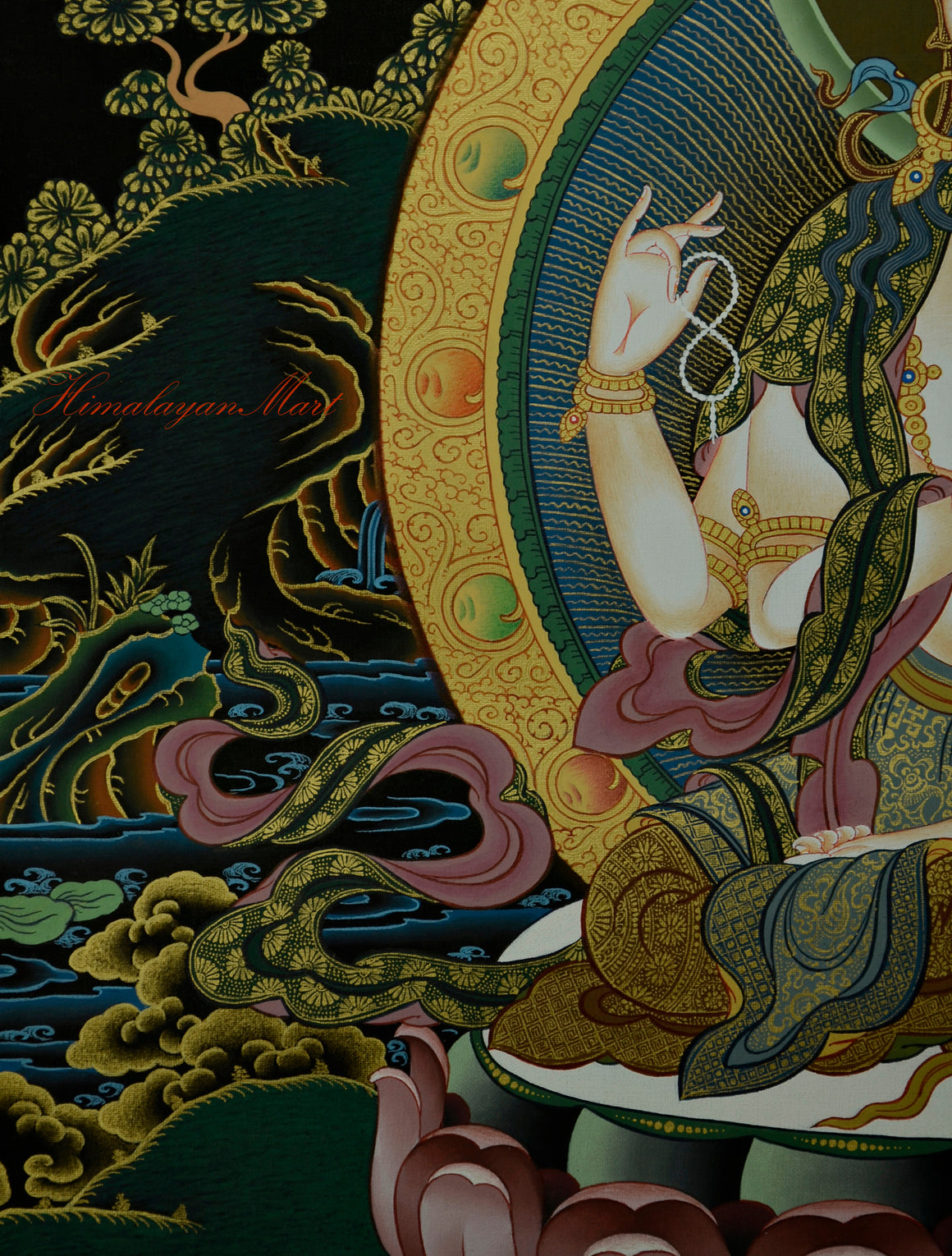 Tibetan Religious Painting - Chenrezig Hand-Painted Detailed with Gold Left Middle Detail