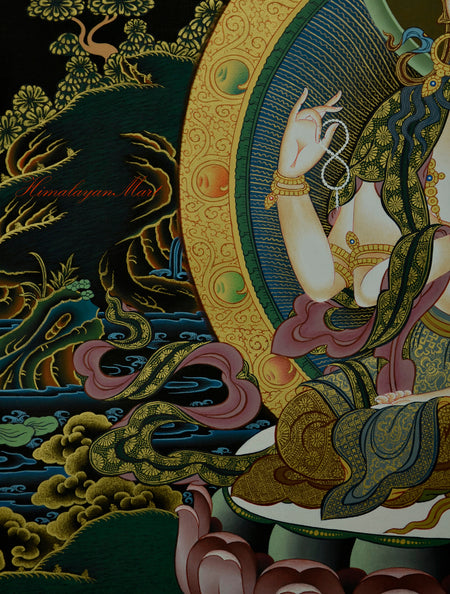 Tibetan Religious Painting - Chenrezig Hand-Painted Detailed with Gold Left Middle Detail