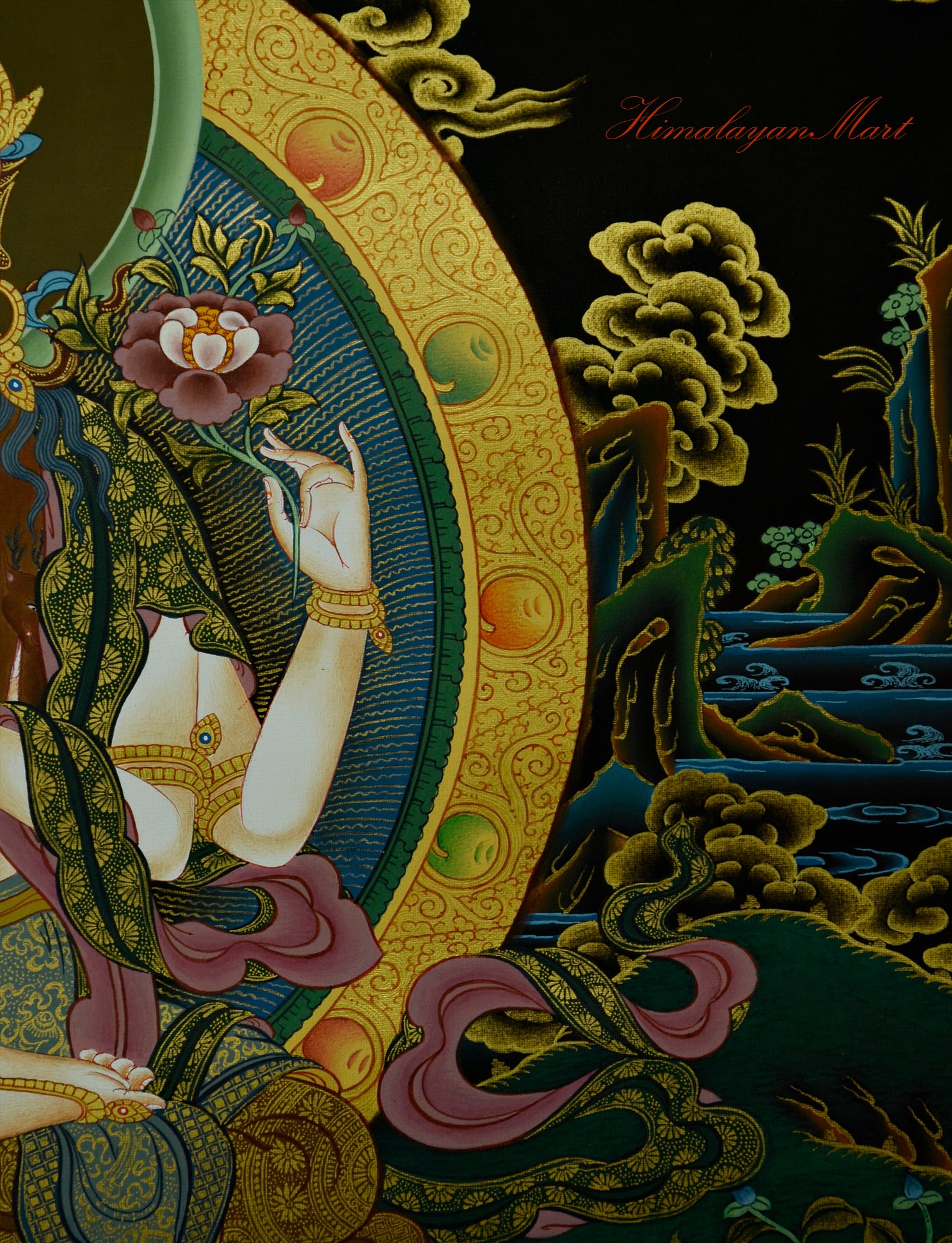 Tibetan Religious Painting - Chenrezig Hand-Painted Detailed with Gold Right Middle Detail