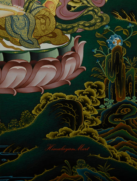Tibetan Religious Painting - Chenrezig Hand-Painted Detailed with Gold Right Lower Detail