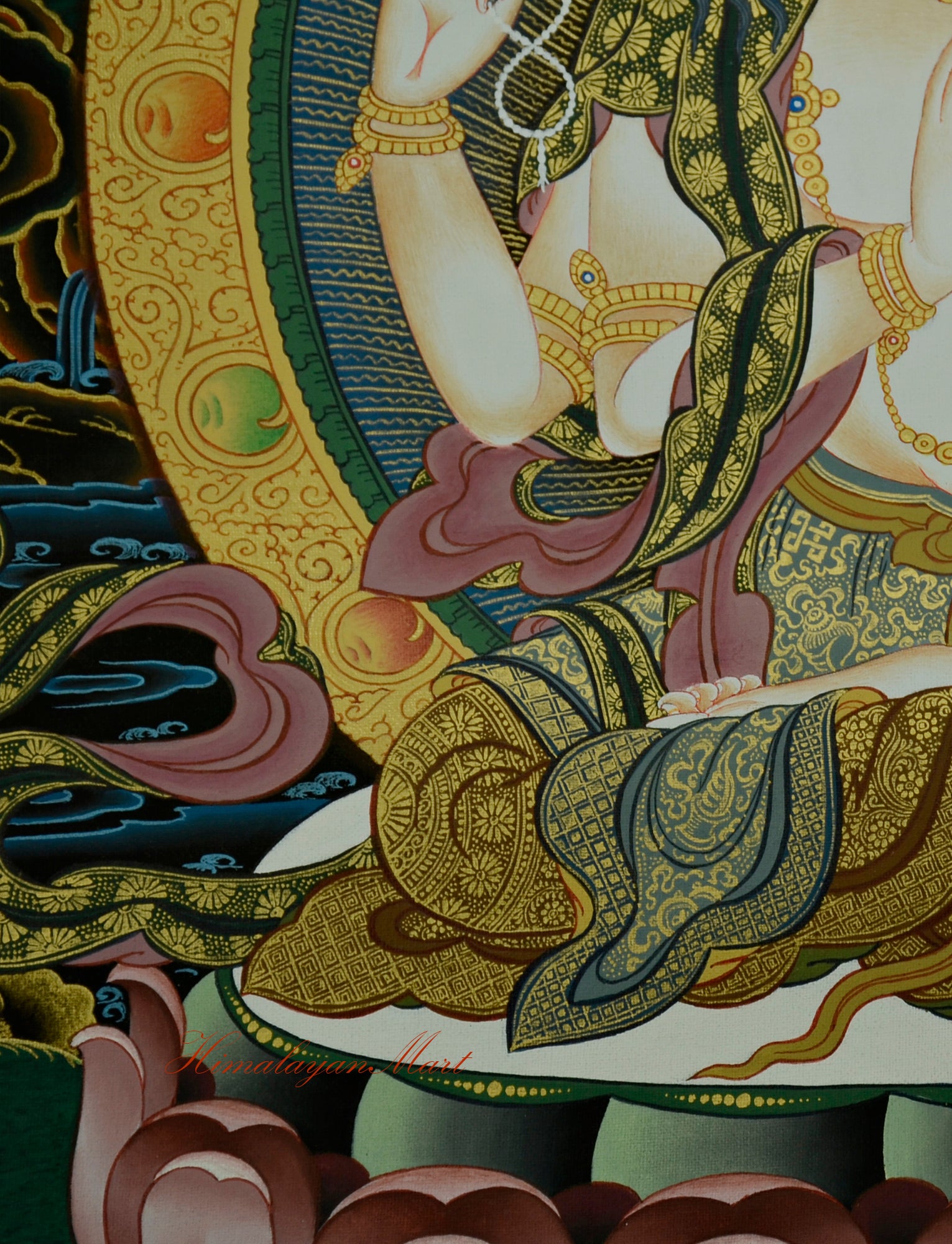 Tibetan Religious Painting - Chenrezig Hand-Painted Detailed with Gold Left Detail
