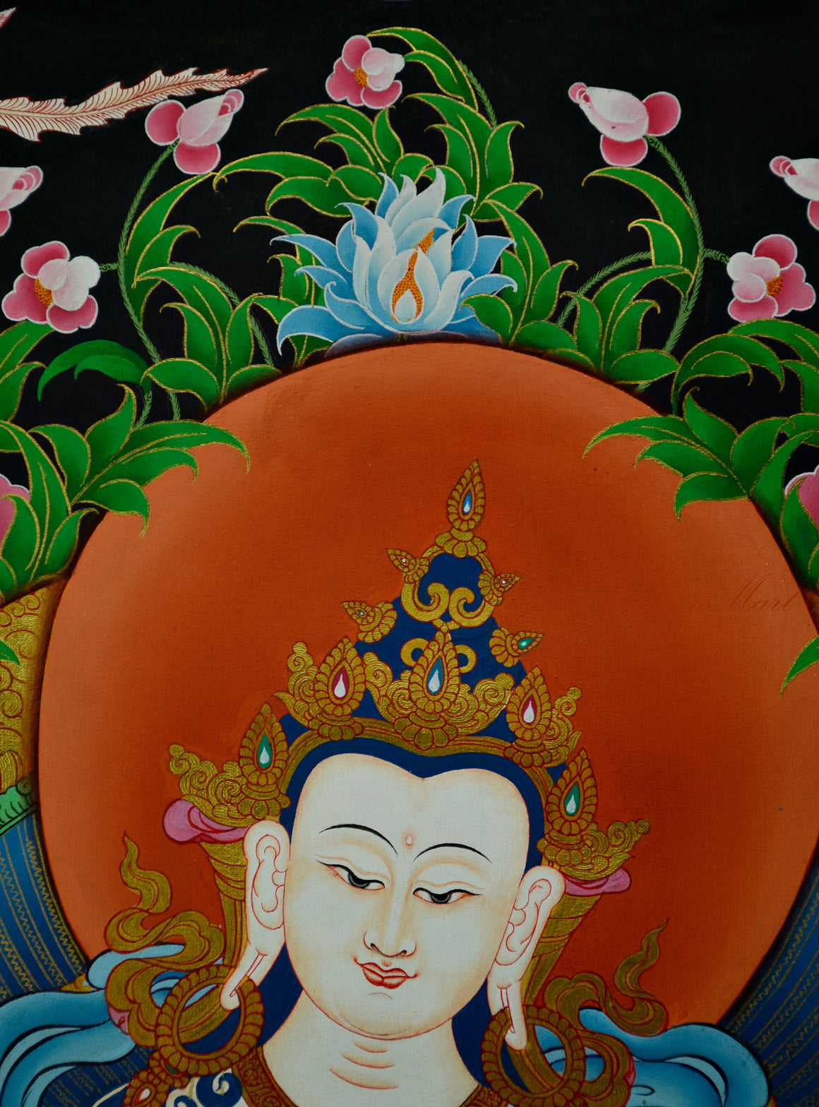 Vajrasattva Thangka Painting Hand-Paintedon Cotton Canvas Middle Upper Detail
