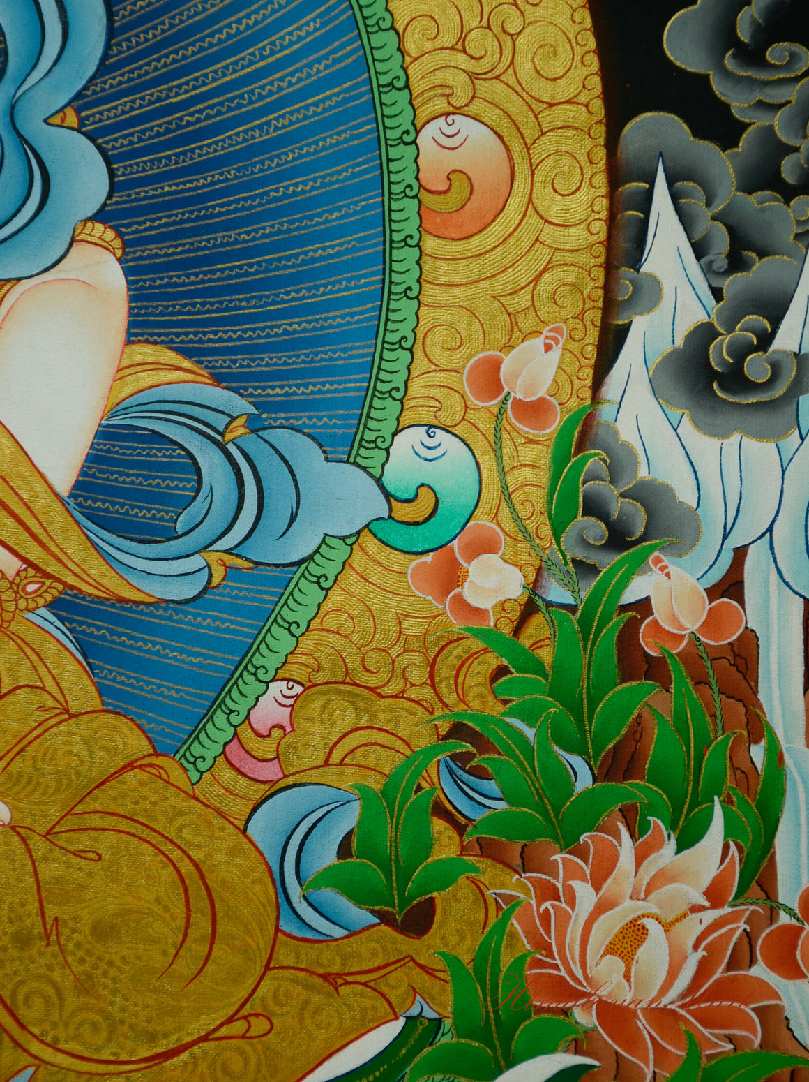 Vajrasattva Thangka Painting Hand-Paintedon Cotton Canvas Right Middle Detail