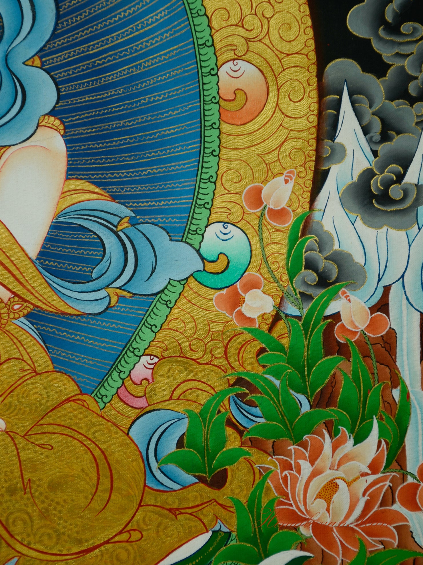 Vajrasattva Thangka Painting Hand-Paintedon Cotton Canvas Right Middle Detail