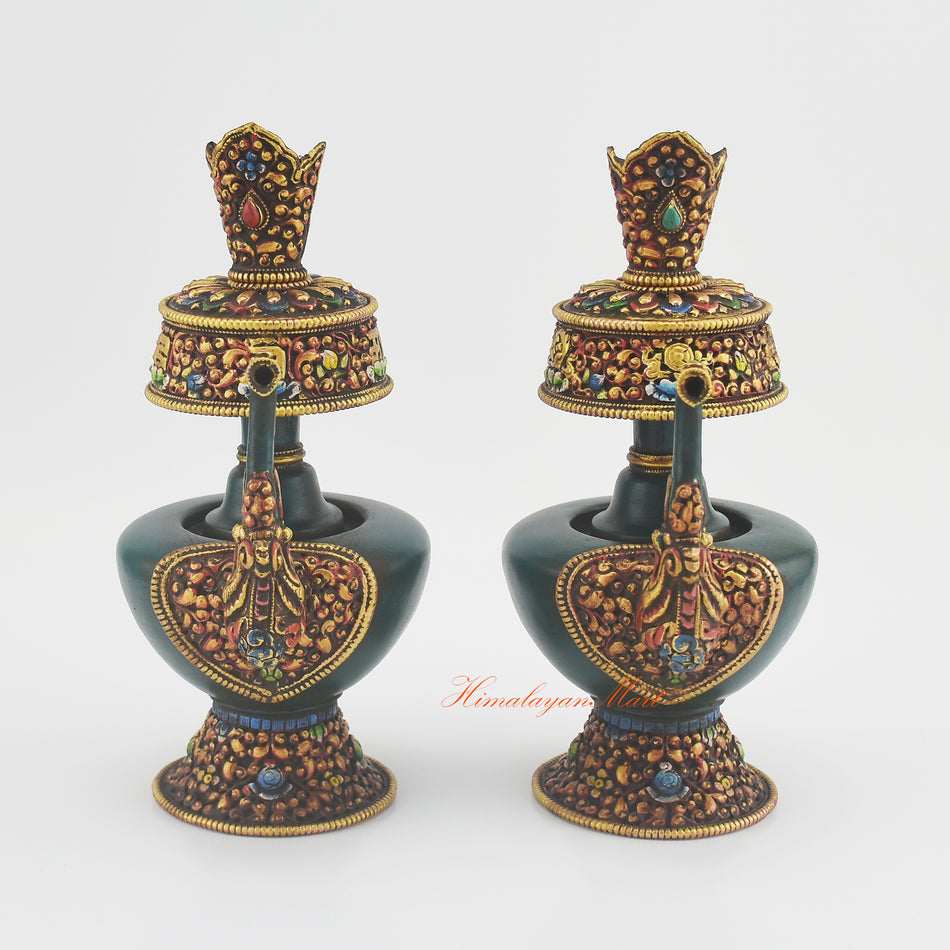 Altar Decorative Bhumba Set handcrafted from copper with hand-painted details and coral and turquoise stone inlays, front view.