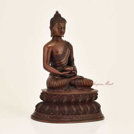 Right side view of Amitabha Buddha Oxidized Statue showing hand-carved detail