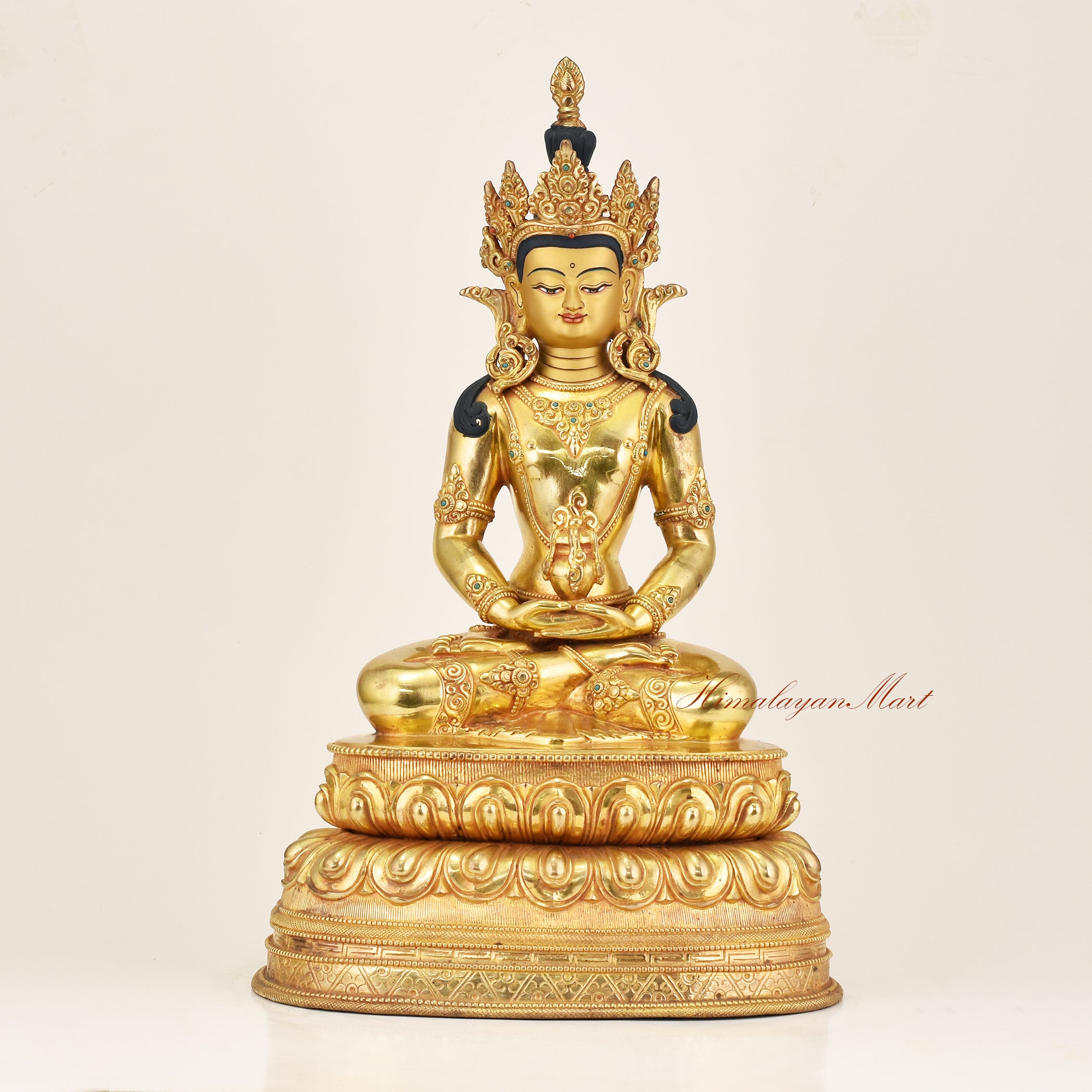Amitayus Buddha statue in 24K gold gilded copper, handcrafted in Patan, Nepal, seated in meditation mudra holding the amrita vase on a double lotus throne
