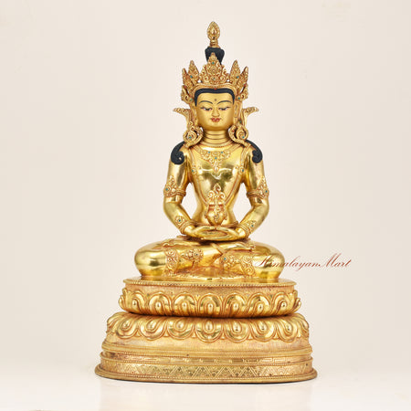 Amitayus Buddha statue in 24K gold gilded copper, handcrafted in Patan, Nepal, seated in meditation mudra holding the amrita vase on a double lotus throne