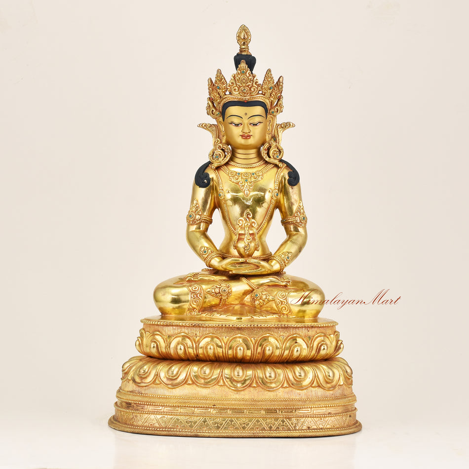 Amitayus Buddha statue in 24K gold gilded copper, handcrafted in Patan, Nepal, seated in meditation mudra holding the amrita vase on a double lotus throne