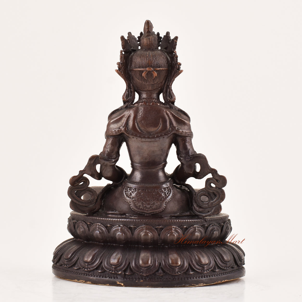 Back view of handcrafted Amitayus statue for sale, Tibetan Buddhist meditation ritual sculpture.