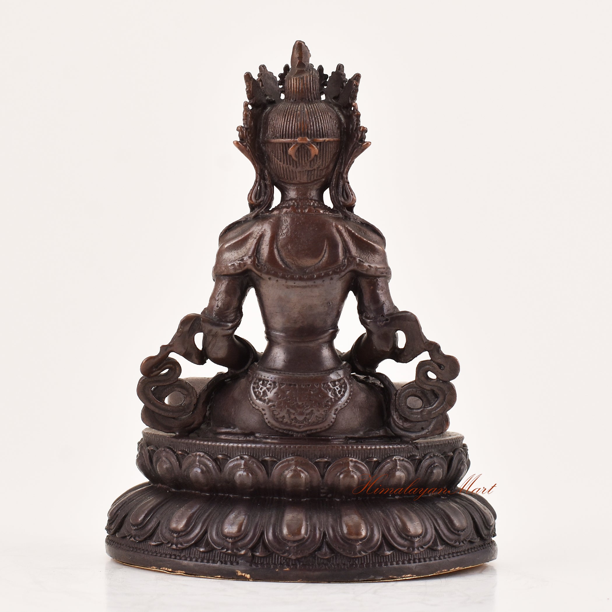 Back view of handcrafted Amitayus statue for sale, Tibetan Buddhist meditation ritual sculpture.