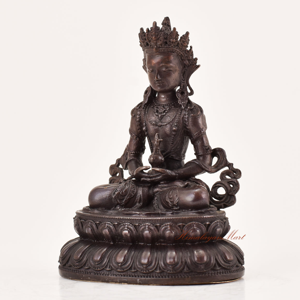 Left-side view of handcrafted Amitayus statue for sale, Tibetan Buddhist meditation and ritual sculpture.